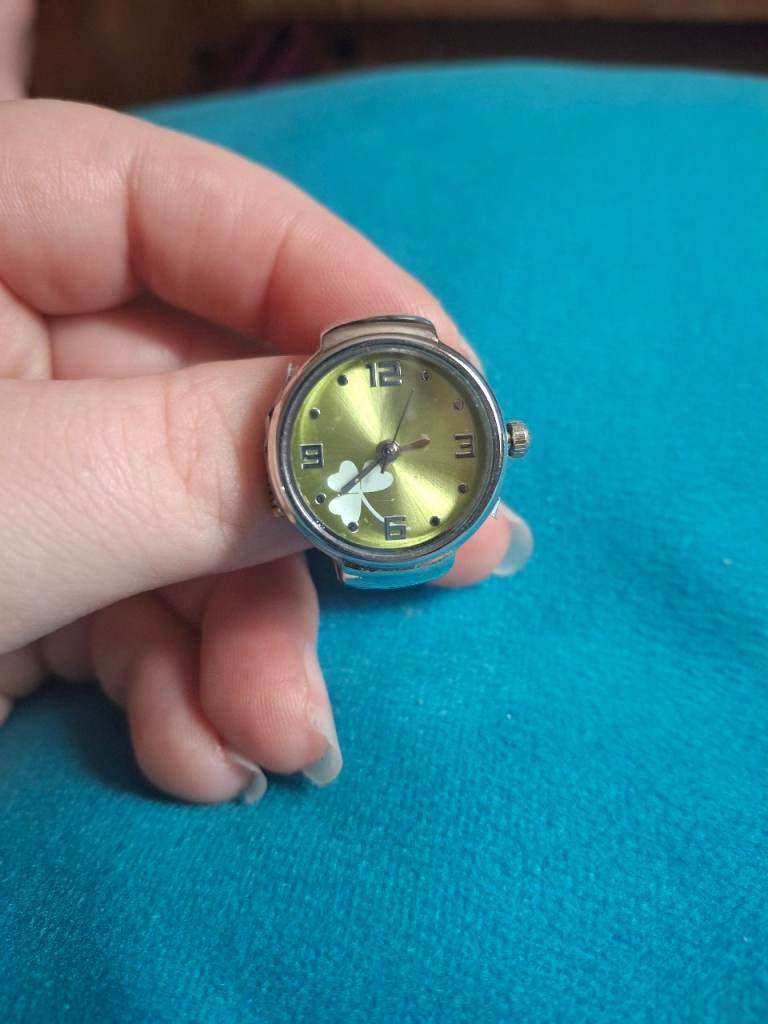 New Silver Tone Watch Ring with Green Face