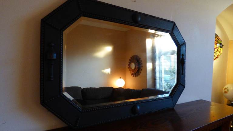 Large Antique 1920s Oak Jacobean Style Octagon charcoal Bevelled Wall Mirror 82 cm x 52 cm