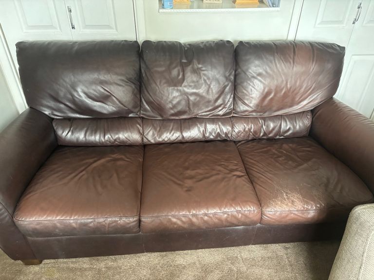 Brown Leather 3-Seater Sofa – Fair Condition