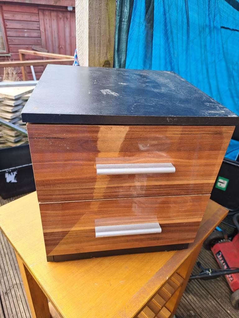 image for 1 dark brown wood 2 drawer bedside drawers with black top 