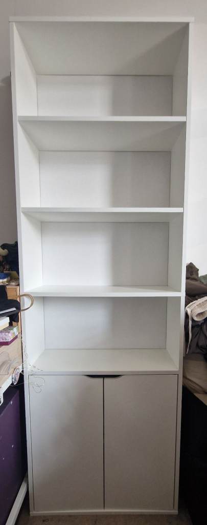 Tall White Bookcase with Cupboard Storage – Excellent Condition