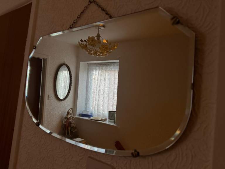 Vintage Bevelled Edge Wall Mirror with Chain – Good Condition