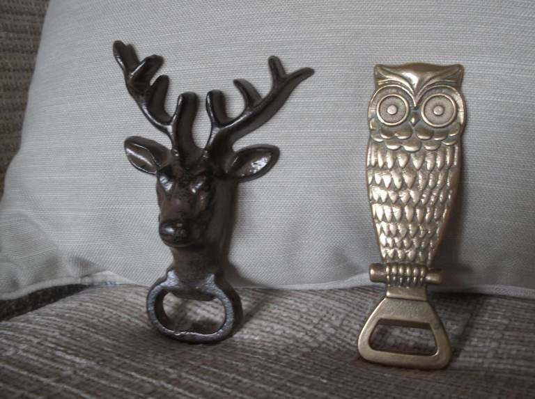 2 Collectable Bottle Openers. One Metal Heavy Stag's Head Design and One Heavy Old Brass Owl Design