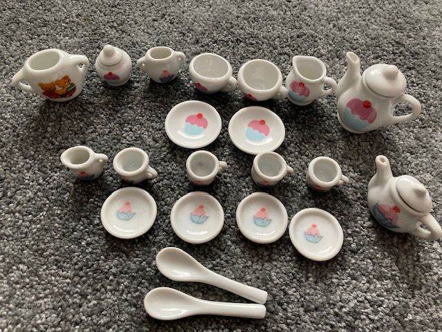 Toy Miniature Ceramic Tea Set - White with Cupcake Design