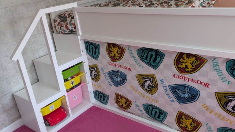 Cabin bed frame (midsleeper) with storage stairs / steps. Custom built from Ikea Kura bed
