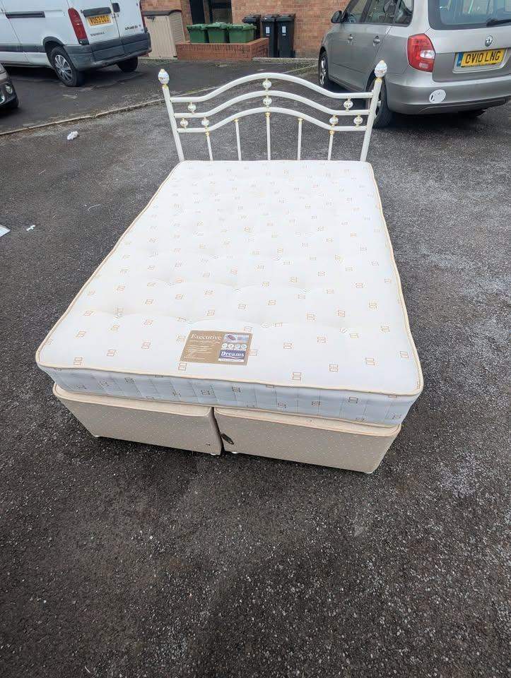 Double Divan Bed With Mattress & White Metal Headboard