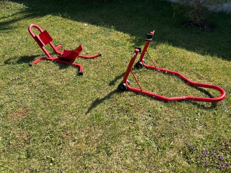 Motorcycle Stand Combo Set (Front & Rear) Selling a heavy-duty, red steel motorcycle stand set