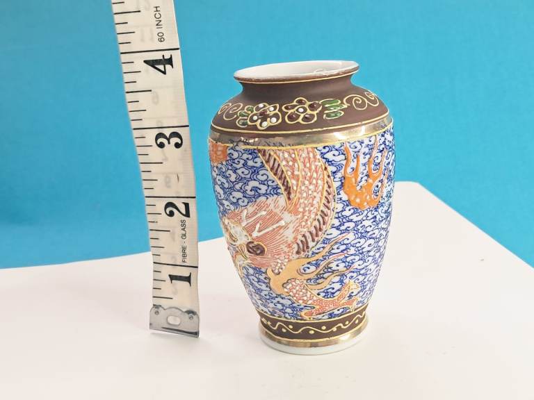 Vintage Japanese Porcelain Small Moriage Vase Hand Painted Dragon Chasing Pearl Blue.