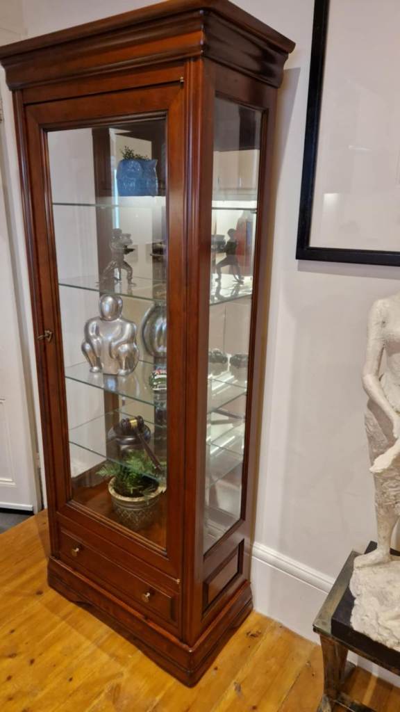 Stunning glazed shelved Ernest Menard display cabinet with drawer 