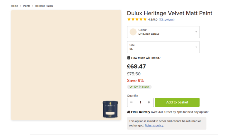 Dulux Heritage Velvet Matt – DH Linen – 2 × 5L – New & Unopened