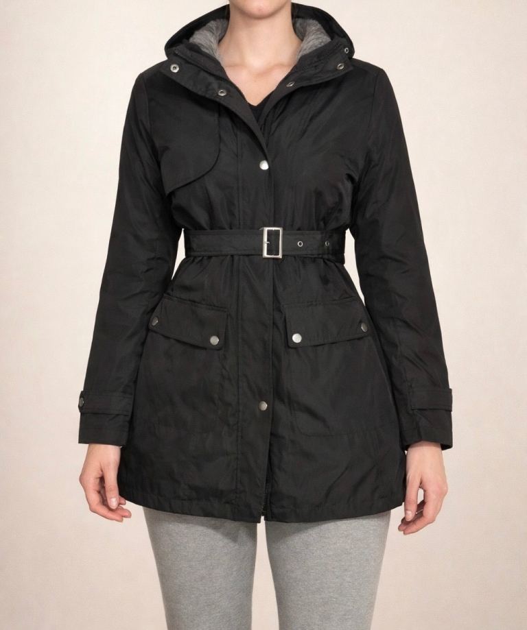 Y2K Vintage Black Belted Parka - Removable Faux Fur Lining - UK 8–10