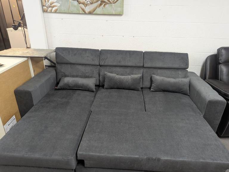 Large Charcoal Grey Fabric Corner Sofa Bed with Adjustable Headrests £649__