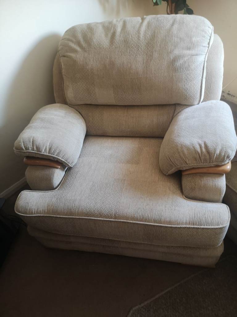 Cosy Beige Fabric Armchair with Wooden Trim – Good Condition