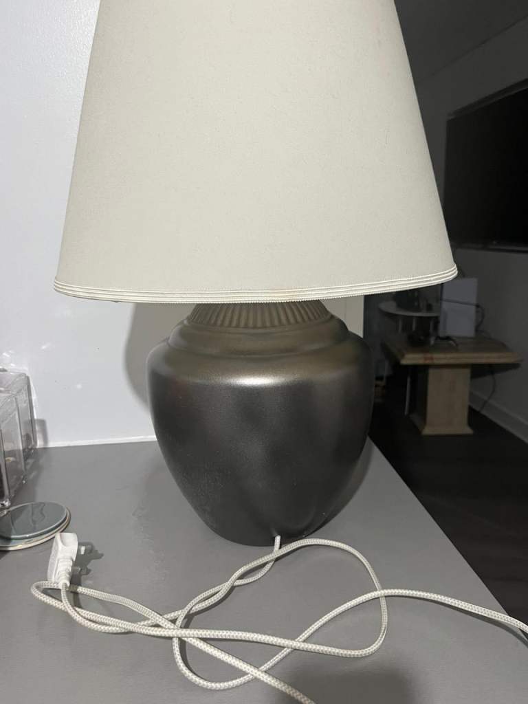 Ceramic Grey Table Lamp with Cream Shade – Good Condition