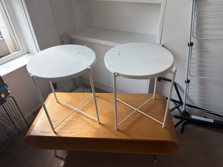 Pair of White Metal Round Side Tables – Good Condition
