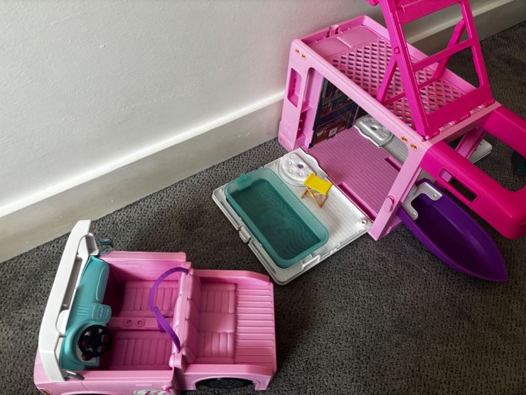 Pink Toy Camper Van Playset with Accessories – Good Condition