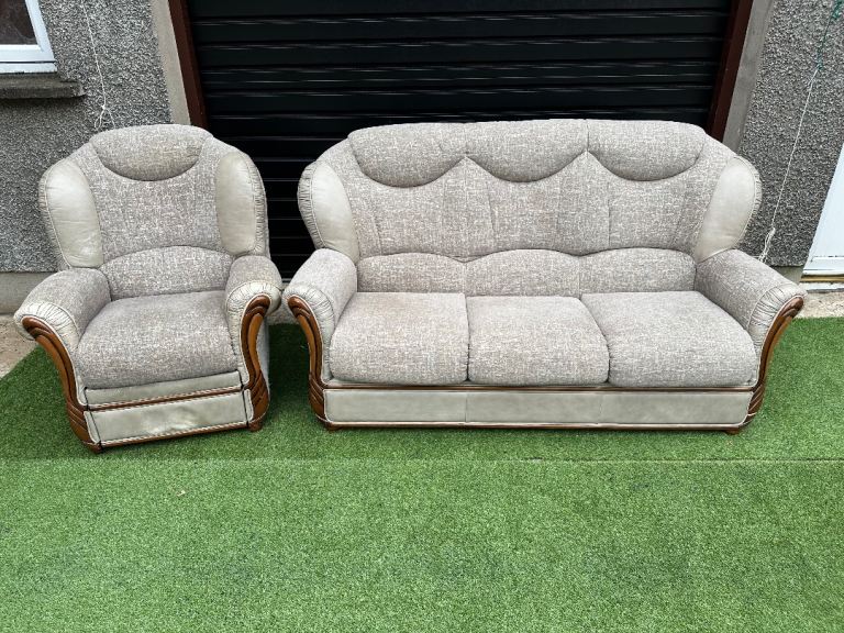 image for Queen Anne 3 seater sofa & manual recliner armchair 