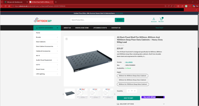 All‑Rack Fixed Shelf, 550mm for 800mm deep Floor Data Cabinets – Heavy‑Duty 90kg Load
