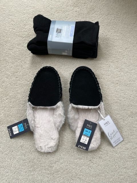 Marks & Spencer ladies black suede slippers size 5 and 4 pack of socks. New. Collect Fulham