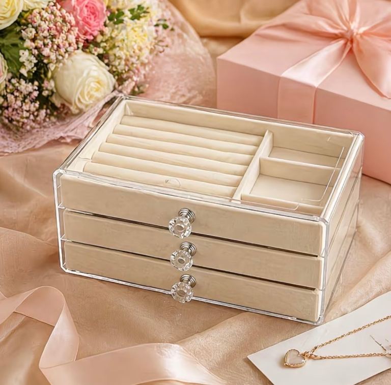 New Beige Clear Jewellery Storage Box with 3 Drawers
