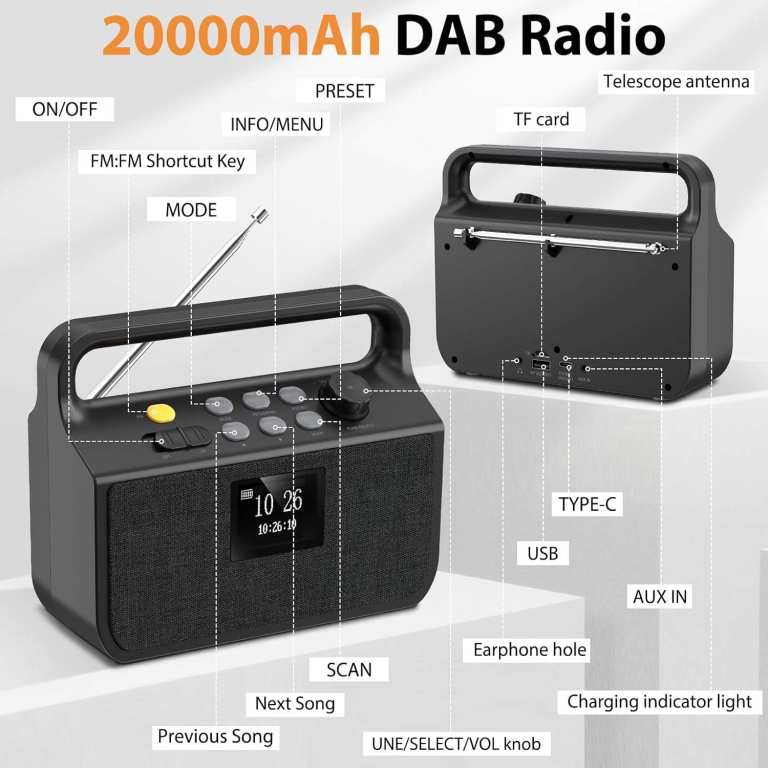 Radio DAB/FM 20000 mAh Bluetooth  with TF Card, AUX IN, Alarm Function, Portable Emergency Radio