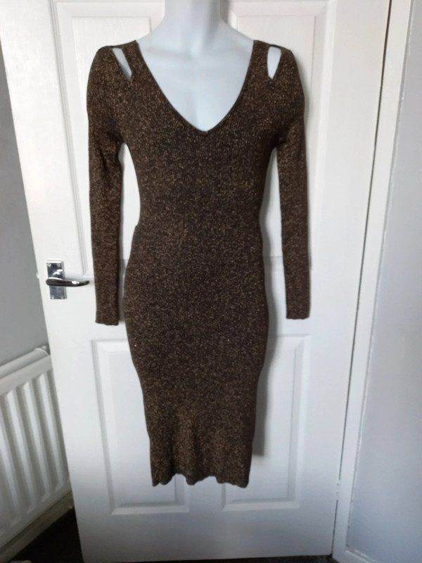 River Island - Black Gold Sparkle V-Neck Wrap Back Long Sleeved Dress UK Size 12