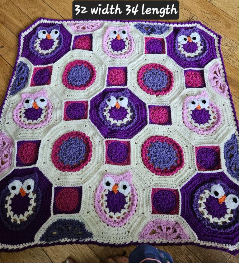 Handmade Crocheted Owl Baby Blanket - Purple & Pink