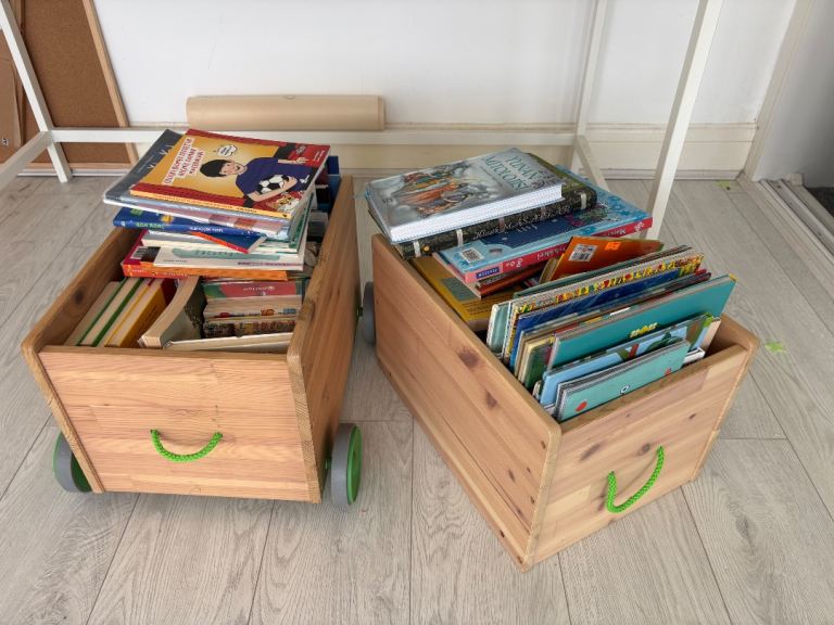 Free- Variety of turkish books. And Pair of Wooden Storage Boxes with Wheels 