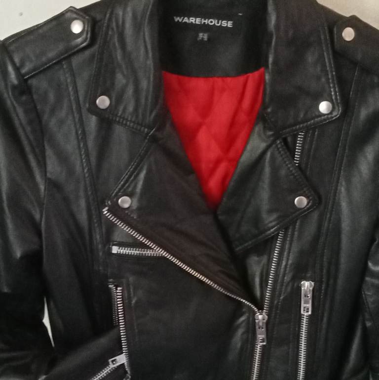 WAREHOUSE Black Leather Biker Jacket – UK 12, Good Condition