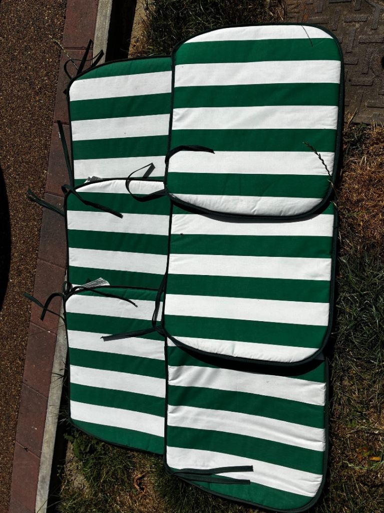 Set of 6 Green and White Striped Garden Seat Cushions