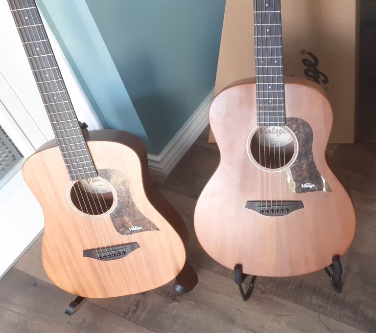 3/4 TRAVEL ACOUSTIC GUITARS IN MAHOGANY NEW IN BOXES, V100m and v120m VINTAGE MAKE.