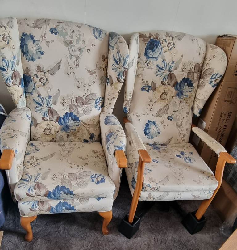 Pair of Wingback Armchairs – Floral Pattern, one Good Condition the second worn