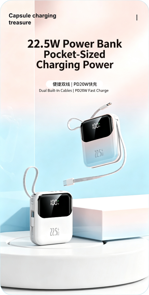 Brand New Mini 10,000mAh Fast Power Bank - Built-in Cables & LED Screen