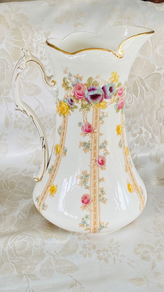 image for Antique/Vintage Large F. Winkle & Co Jug/ Pitcher~Floral Print/Design ~ Gold Rim