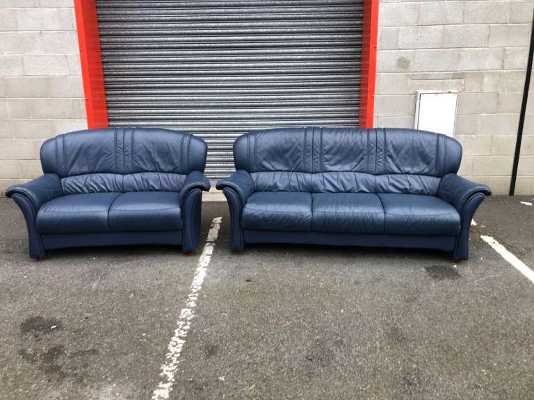 Blue Italian Leather 2 and 3 Seater Sofas 