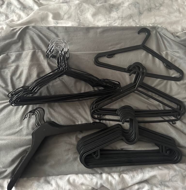  30+ Black Clothes Hangers – Mixed Types, Good Condition