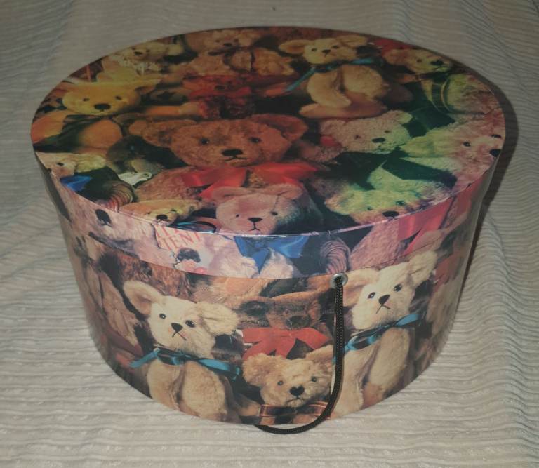 TK MAXX Large Teddy Bear Round Cardboard Storage Box with Lid Carry String 31cm Dia