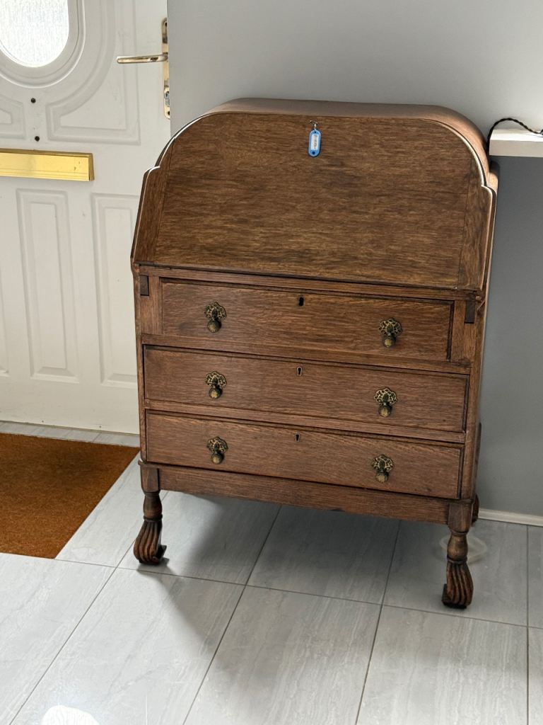 Antique English bureau oak writing desk, vintage
