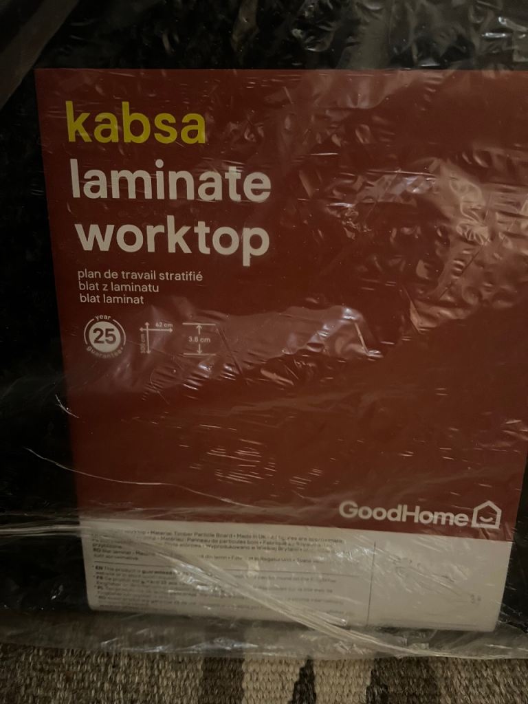 GoodHome 38mm Kabsa Gloss Black Granite effect Laminate Post-formed Kitchen Worktop
