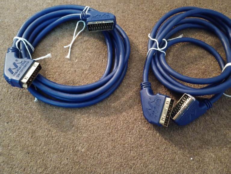 SCART LEADS -2- 'MASTERPLUG PERFORMANCE' - both 2.94m length for audio tv/video. Scart to scart.