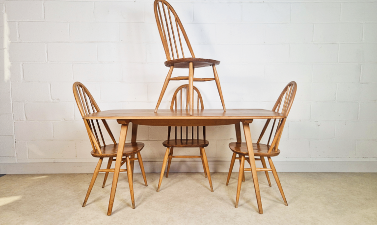 Ercol Windsor Vintage Mid Century Solid Elm Plank Table & Dining Chair Set PG060