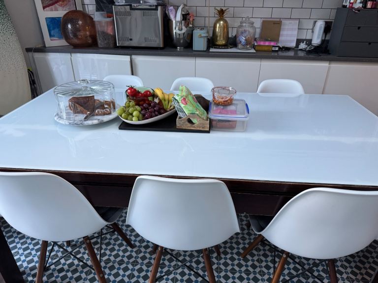 Dining table. Solid wood with white glass top 
