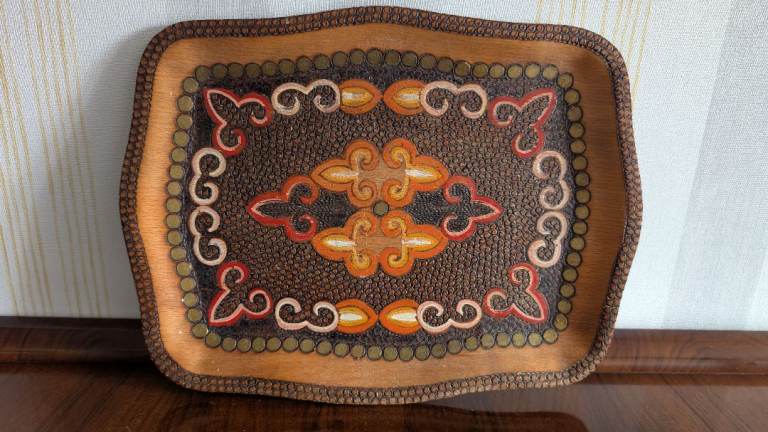 Vintage Hand-Carved Wooden Serving Tray from Albania
