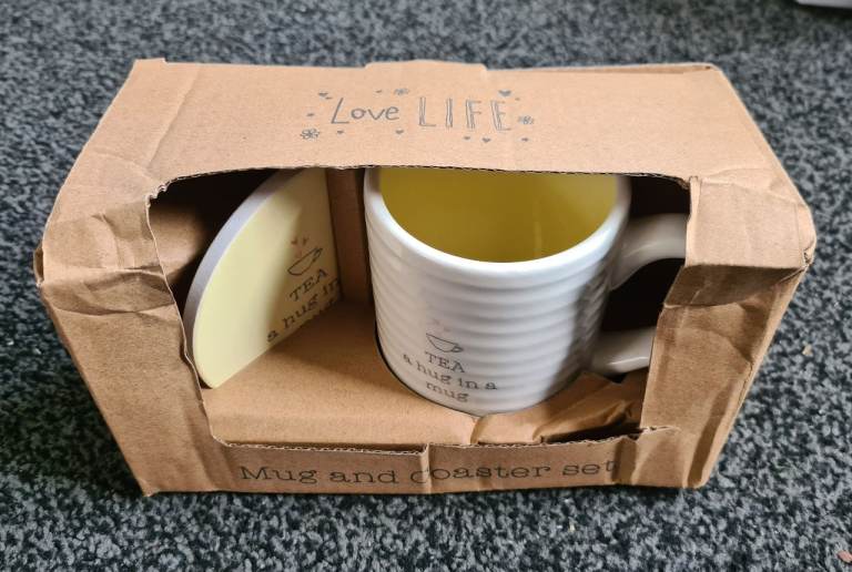 Love Life Mug & Coaster Set. New. Box is a bit tatty.