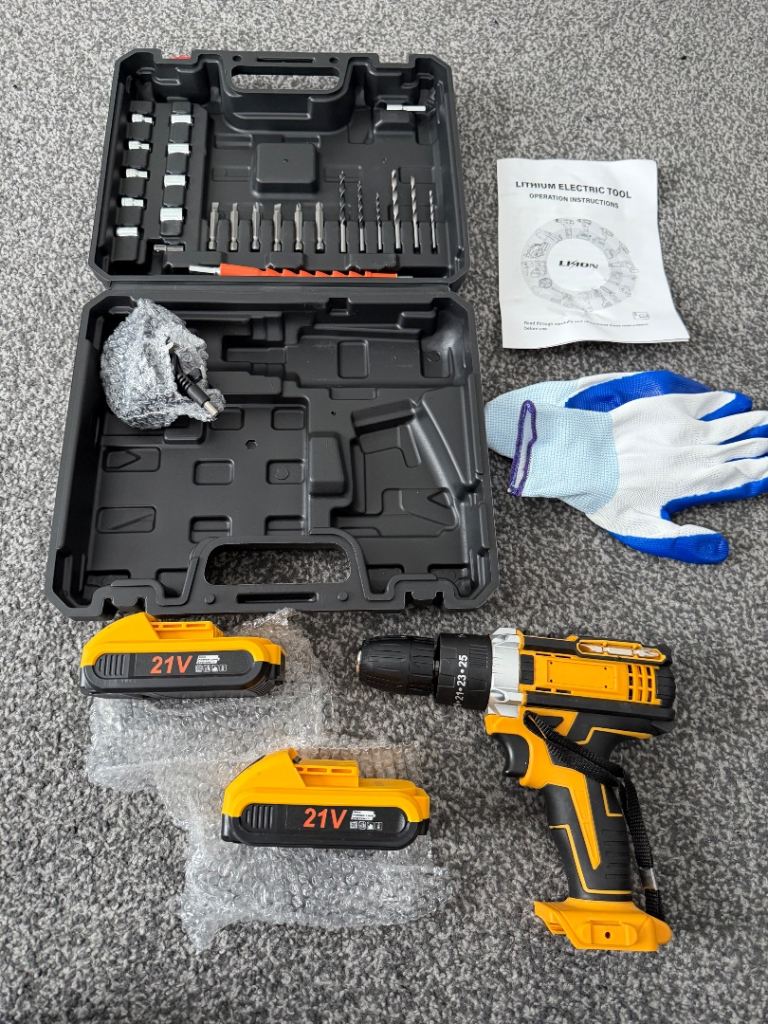 New Cordless Drill Set with 2 Batteries and Accessories