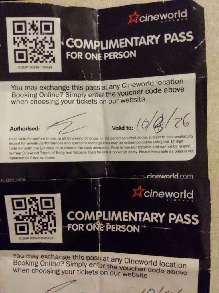 6 "( only 2 left"!!)  Cineworld Cinema Complimentary Passes 