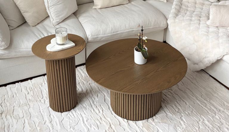  Maru Round Oak Pedestal Coffee and Side Table, Silver Oak - Great condition 