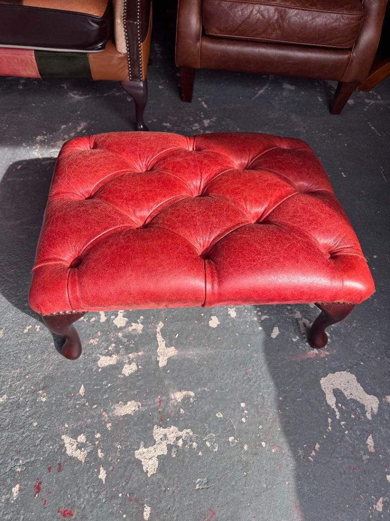 Red Leather Chesterfield Footstool – Good Condition