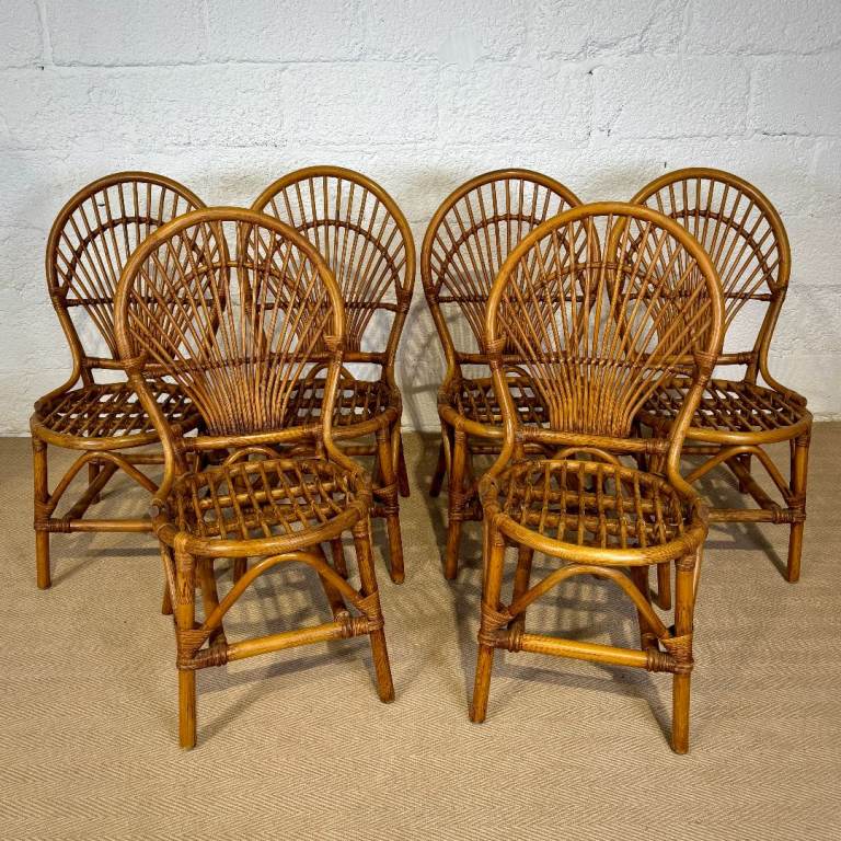 Vintage Bamboo Dining Chairs Set Of 6 Cane Mid Century Boho