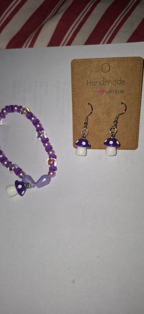Handmade Purple Mushroom Earrings and Bracelet Set – New